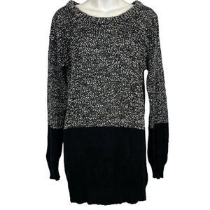 French Connection Women's 100% Cotton Tweed Long Line Gray Black Sweater sz M